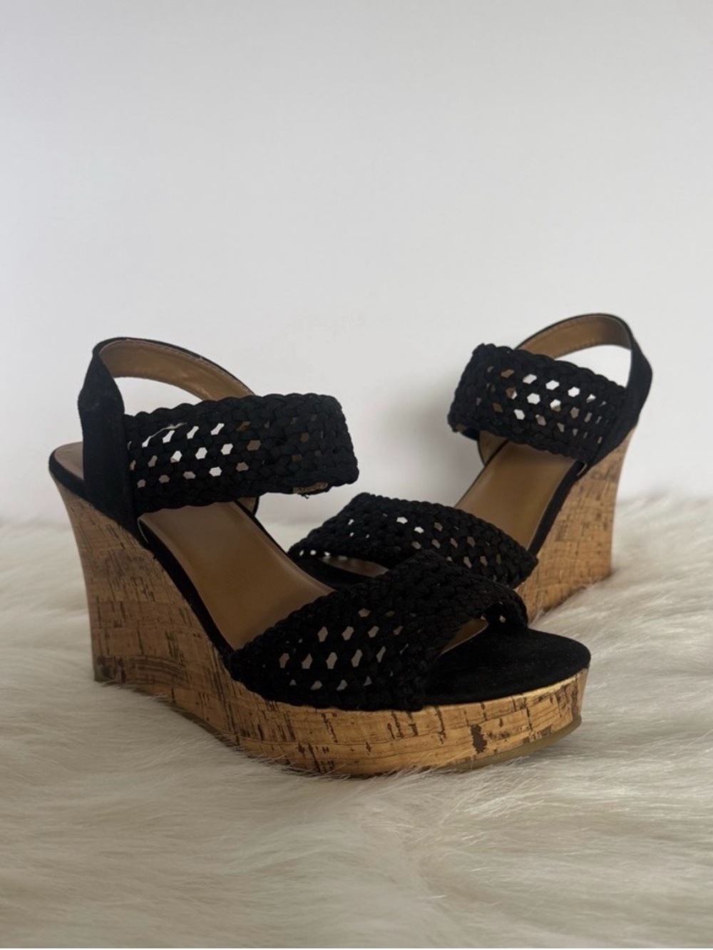 Maurices Black Woven Macrame Wedge Sandals Women’s Size 8 1/2